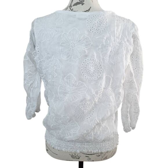 Kindred Women's Size Petite Large White Sheer Floral Embroidered Peasant Blouse - Picture 4 of 6